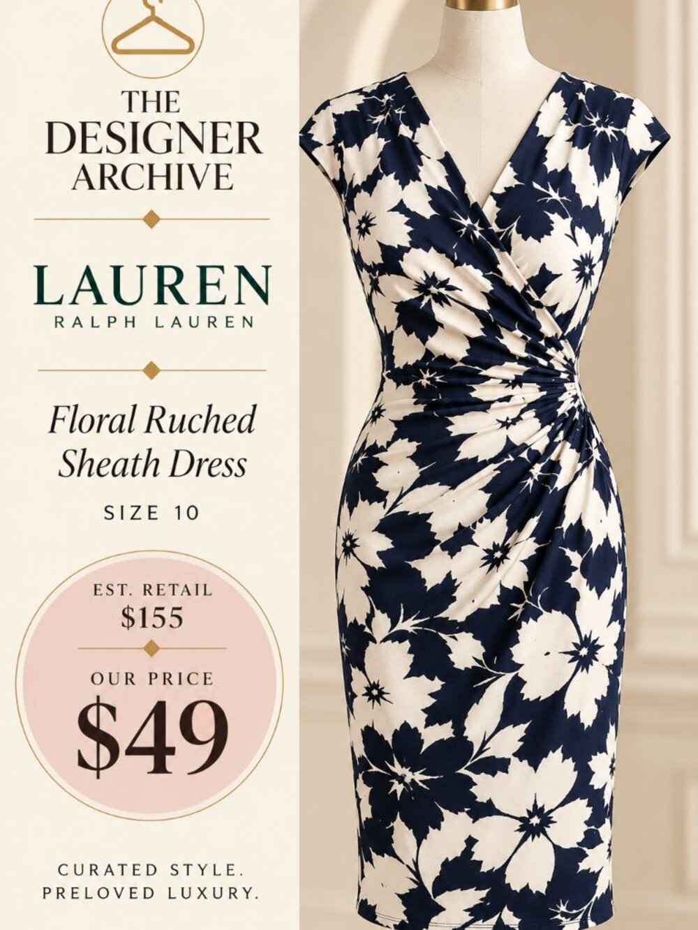 Lauren Ralph Lauren Navy & Ivory Floral Ruched Sheath Dress | Size 10